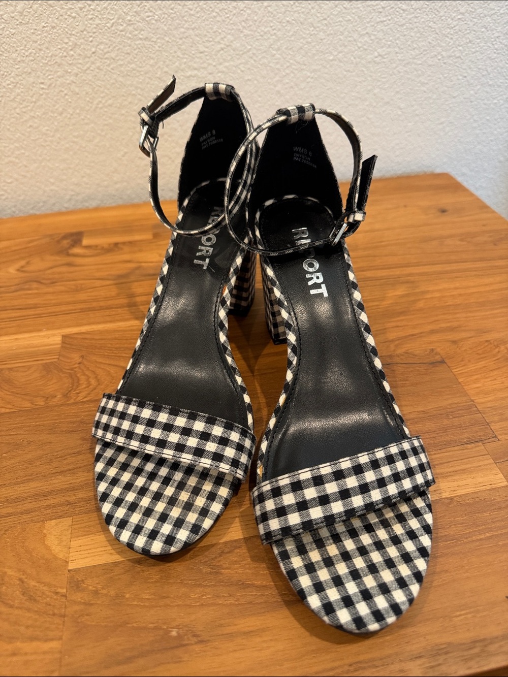 Report Black and White Gingham Ankle-Strap Block Heel Sandals
